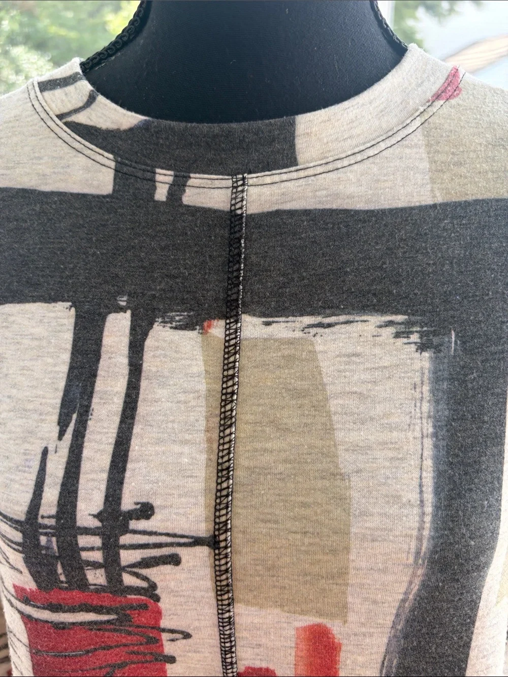 Women’s Abstract Print Crewneck Pullover - Gray with Brick Red & Black Accents